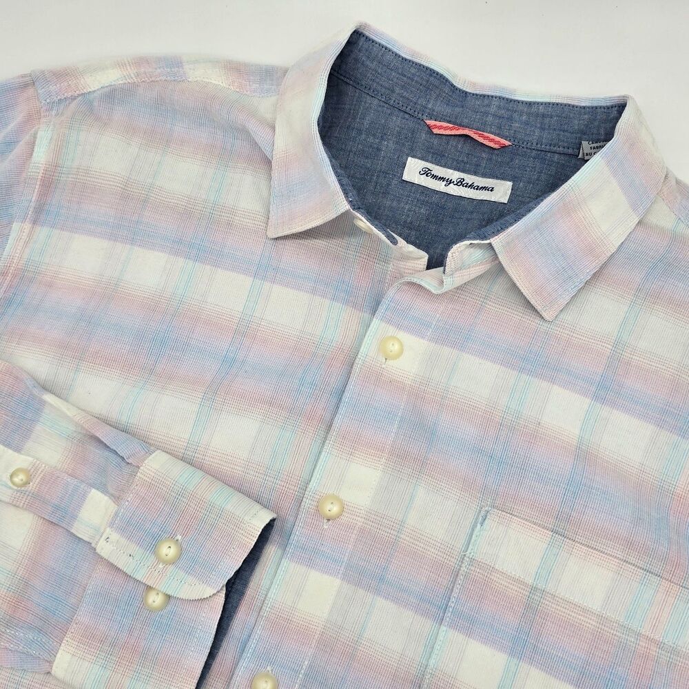 Tommy Bahama Plaid Corduroy Shirt Men's XL Pink and Blue Long Sleeve